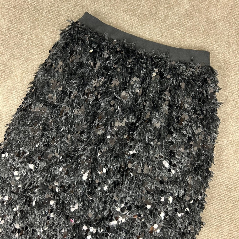 Commense Midi Maxi Skirt‎ Womens XS Black Shimmering Sequin Fringe Cotton Casual